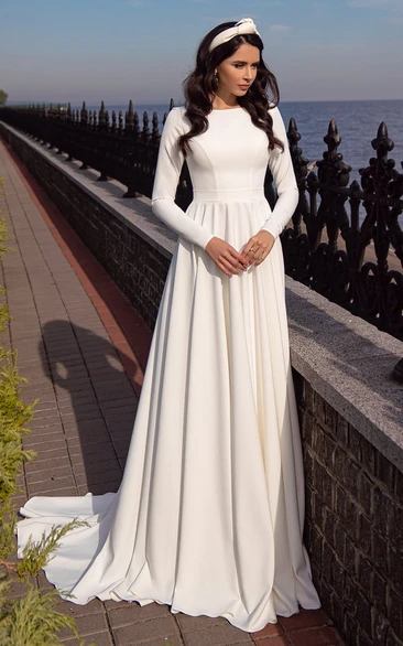 Simple Satin A Line Wedding Dress with Jewel Neckline and Ruching Classy Bridal Gown 2024
