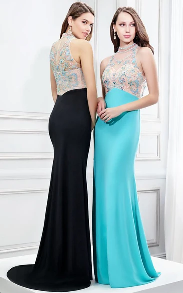 High Neck Jersey Prom Dress with Brush Train and Beaded Embellishments Sleeveless