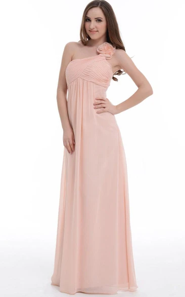 Pink A-Line Floor-Length One-Shoulder Chiffon Maxi Dress with Flower and Ruffles