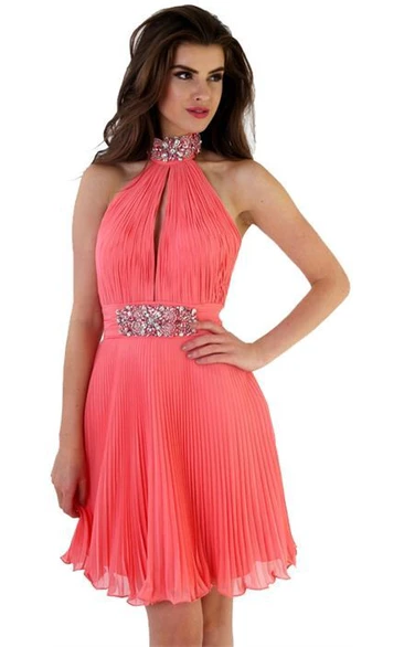 High-Neck Pleated Mini Chiffon Prom Dress Flowy Cocktail Dress for Women