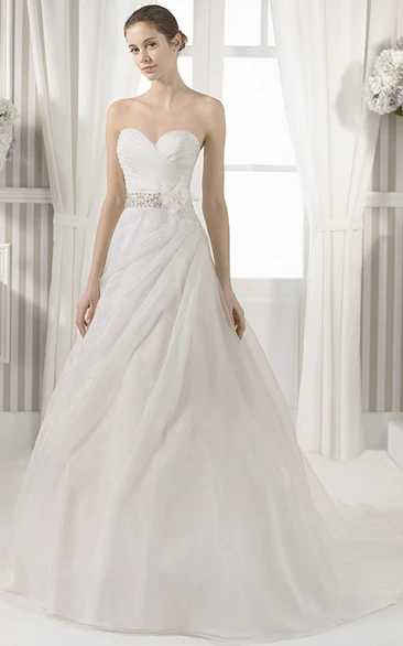 Jeweled Sweetheart Satin Wedding Dress with Flower A-Line