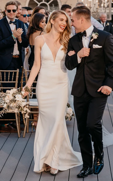 Modern Low-V Back Satin Wedding Dress with Chapel Train