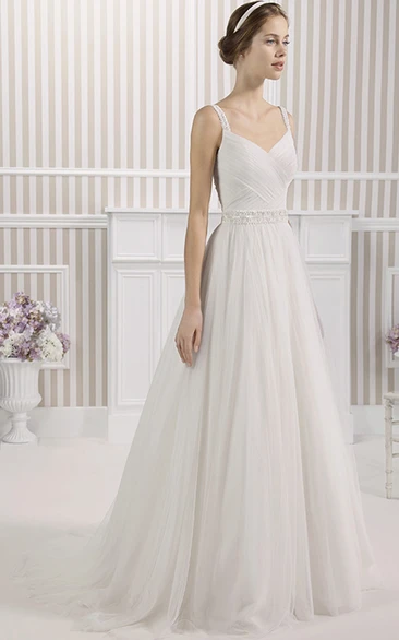 Jeweled Tulle A-Line Wedding Dress with Ruching and Low-V Back
