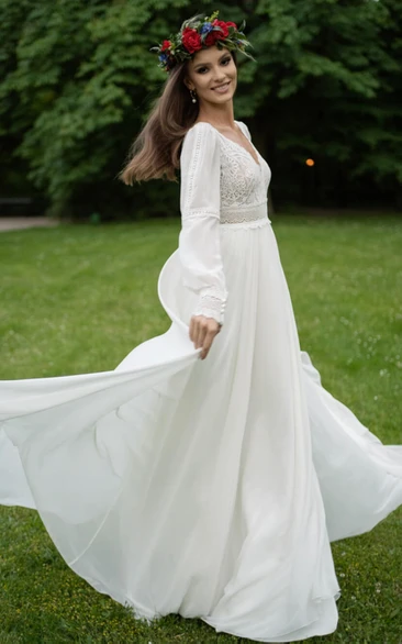 Poet Sleeve A-Line Chiffon Beach Wedding Dress with V-Neckline and Illusion Low-V Back