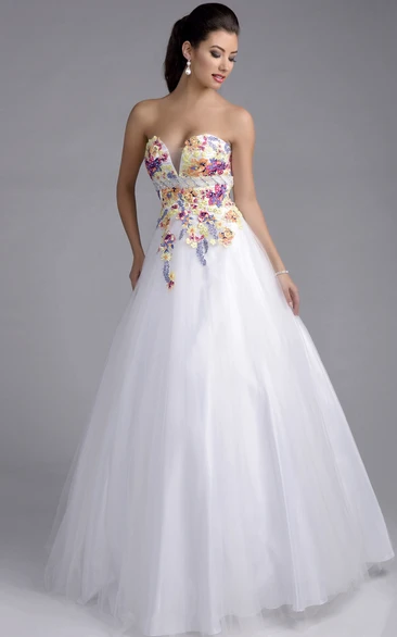 Lace Appliqued A-Line Prom Dress with Beaded Belt Sweetheart Tulle