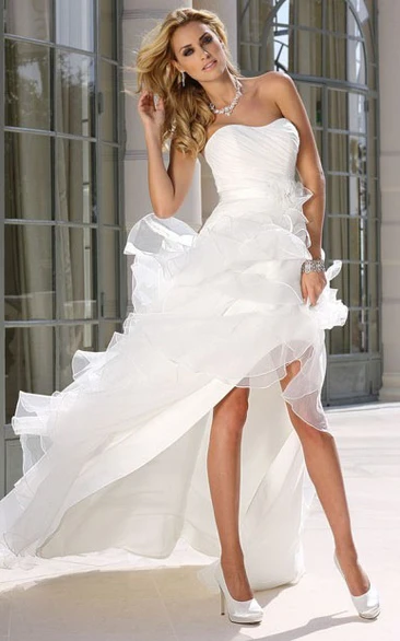 Ruffled Satin Wedding Dress with Ruching Strapless Asymmetrical