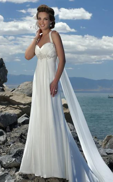 Empire Waist Chiffon Beach Wedding Dress with Spaghetti Straps & Brush Train