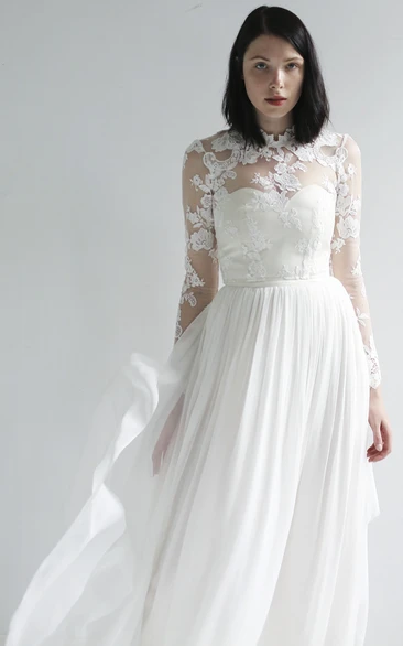 Vintage High Neck Lace Chiffon Wedding Dress with Long Sleeves