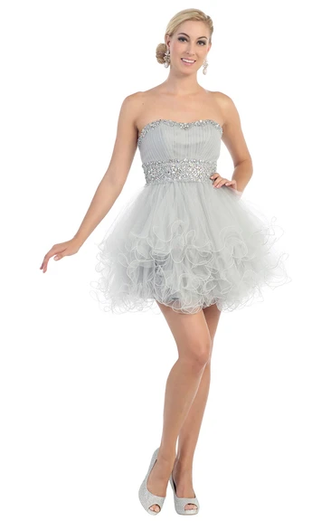 A-Line Strapless Tulle Dress with Ruffles and Waist Jewellery Prom Dress