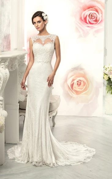 Jewel Neckline Lace Mermaid Wedding Dress with Appliques Pleats and Sleeveless Design