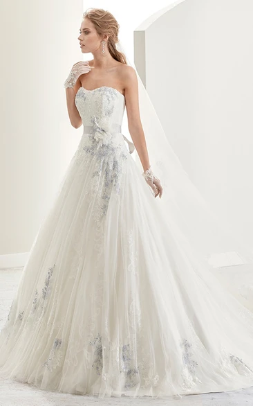 A-line Bridal Gown with Flower-sash and Fine Appliques