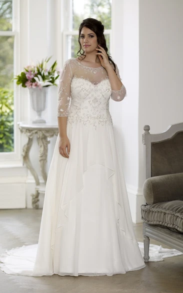 Chiffon Satin A-Line Wedding Dress with Low-V Back and Court Train