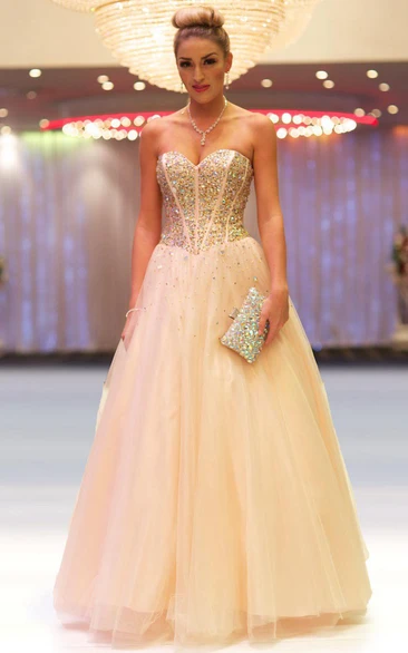 Beaded Tulle Prom Dress with Pleats Long Sleeveless A-Line