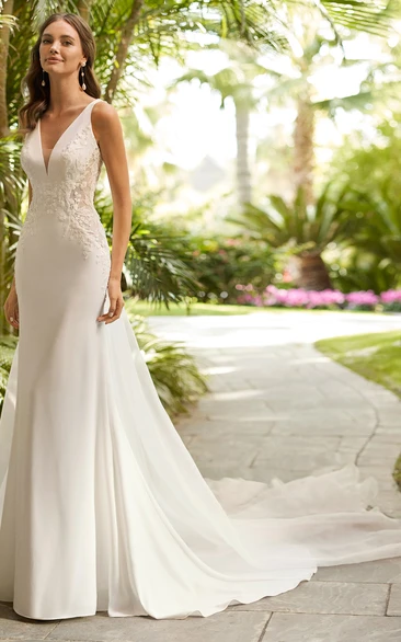 Satin V-Neck Appliques Beach Wedding Dress Simple & Romantic Bridal Gown