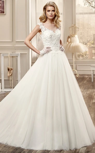 Lace Bodice Cap-Sleeve Wedding Dress with Pleated Skirt Elegant Wedding Dress