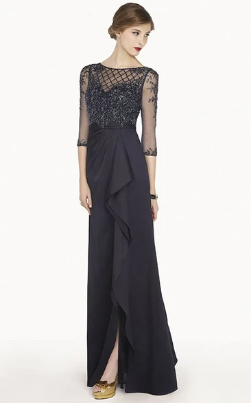 Appliqued Half-Sleeve Chiffon Sheath Prom Dress Scoop Neckline Split Front Draping