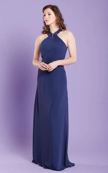 Long Chiffon Bridesmaid Dress with Beaded Scoop-Neck in Sheath Style