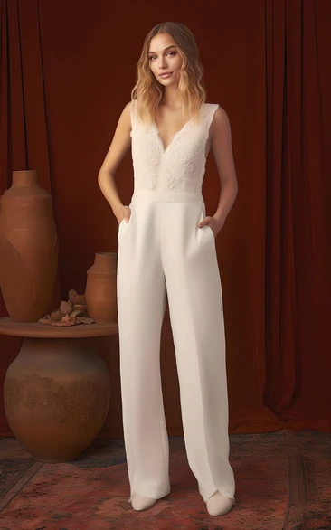 Lace Sleeveless Wedding Jumpsuit V-neck Pockets Beach Country Garden Casual