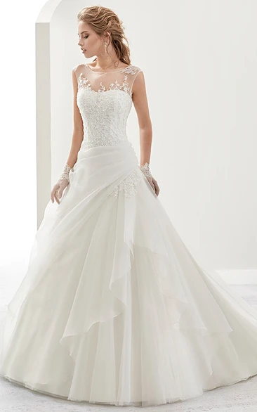 Illusive A-Line Bridal Gown with Side Ruffles and Cap Sleeves