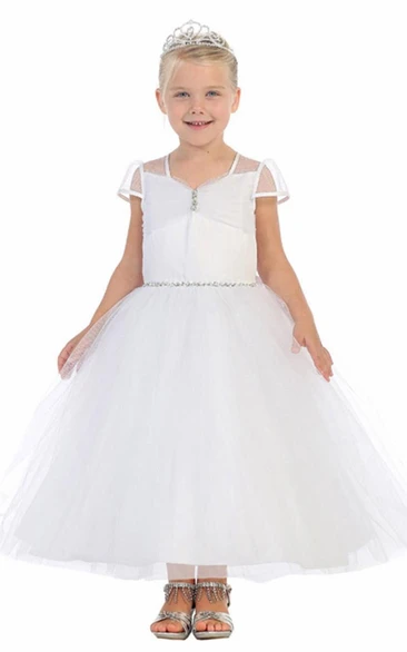 Ruched Tulle Ankle-Length Flower Girl Dress with Illusion and Sash