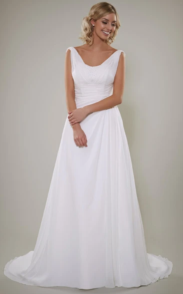Maxi A-Line Satin Wedding Dress with Sleeveless Design V-Neck and Sweep Train