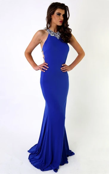 Sleeveless Beaded Sheath Floor-Length Scoop Jersey Prom Dress with Pleats Flowy Prom Dress