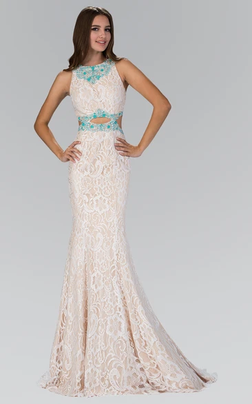 Lace Trumpet Floor-Length Sleeveless Formal Dress with Beading Jewel-Neck Zipper