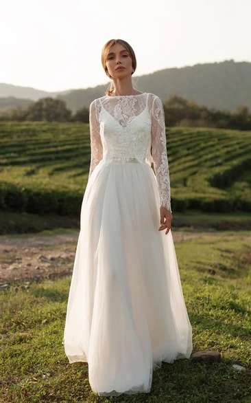 Crop Top Wedding Dress, Long Sleeve Lace Two Piece Wedding Dress