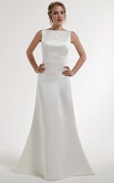 Sleeveless Jeweled Sheath Satin Wedding Dress with Backless Style