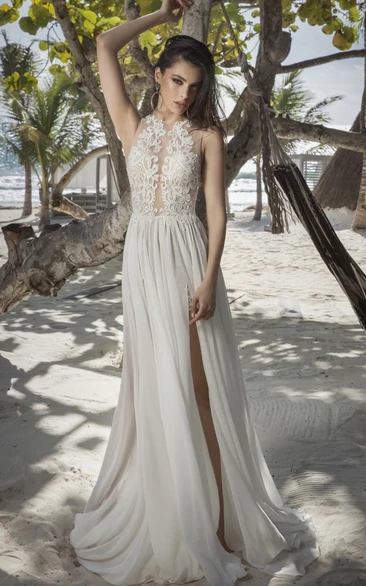 Bohemian Halter Sweep Train Tulle Wedding Dress with Split Front A-Line Wedding Dress