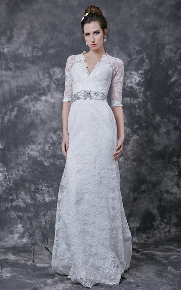 Crystal Embellished Waist Long Lace Dress with 3/4 Sleeves