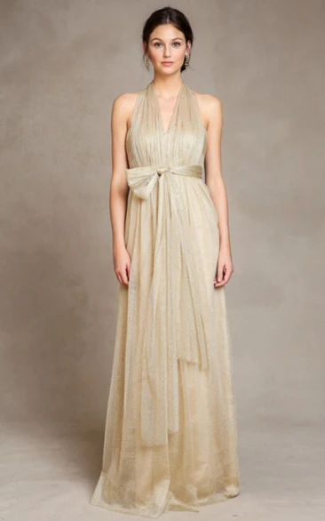 Empire V-Neck Tulle Bridesmaid Dress with Straps and Draping Sleeveless Bow Detail