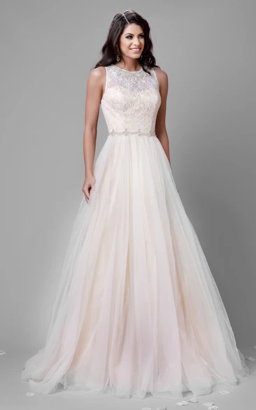 Lace Bodice Tulle A-Line Wedding Dress with Sleeveless Jewel Neck