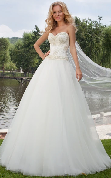 Sweetheart Beaded Tulle Wedding Dress Flowy Floor-Length Gown