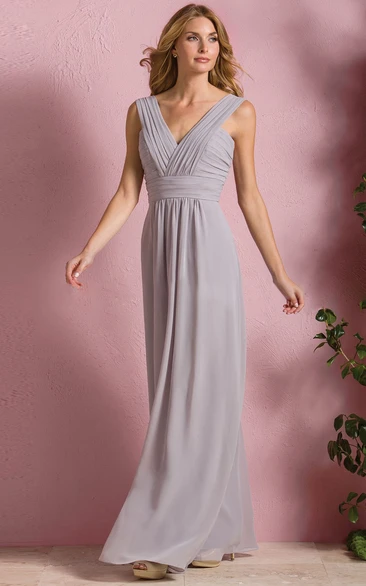 Long Sleeveless Bridesmaid Dress with Modern V-Neck and Pleats