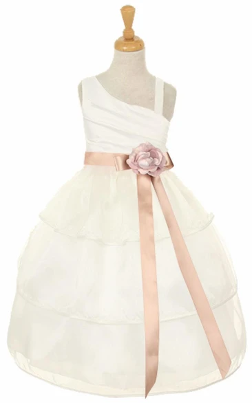One-Shoulder Tiered Organza Tea-Length Flower Girl Dress Boho Bridesmaid Dress