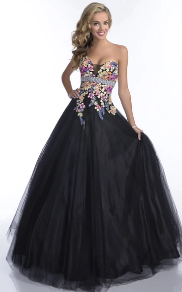 Sweetheart Tulle Prom Dress with Beaded Waistline and Lace Appliques Classy Style