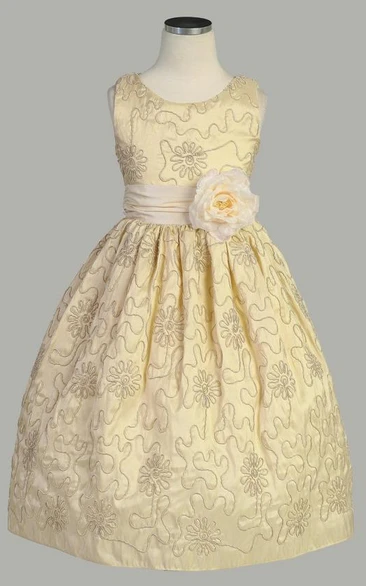 Embroidered Tea-Length Taffeta Floral Flower Girl Dress Classy 2024
