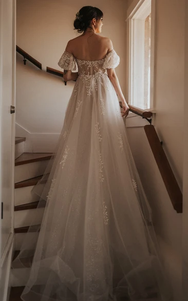 Modern A Line Tulle Wedding Dress Off-shoulder Train Romantic Garden