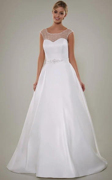 Cap-Sleeve A-Line Satin Wedding Dress with Beaded Scoop Neckline Floor-Length Skirt Keyhole Back and Waist Jewelry