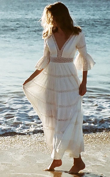 Lace Sheath V-neck Floor Length Wedding Dress with Poet Sleeve Ethereal & Flowy