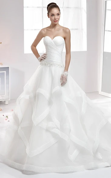 Sweetheart Pleating Wedding Gown with Ruffle Skirt and Brush Train