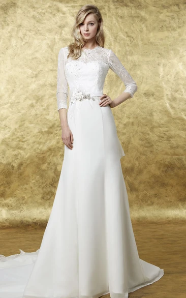 High Neck Floral Chiffon Wedding Dress A-Line Floor-Length with 3-4 Sleeves