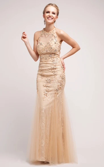 Sequined Lace Sheath Formal Dress with Jewel-Neck and Tulle