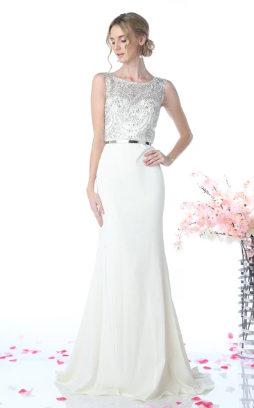 Beaded Sheath Jersey Illusion Prom Dress with Scoop-Neck and Long Length