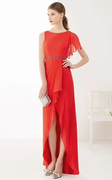 High Low Chiffon Prom Dress with Removable Sleeve and Front Split Side Drape