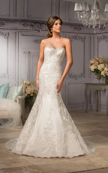Mermaid Gown with Appliques and Lace-Up Back Unique Wedding Dress