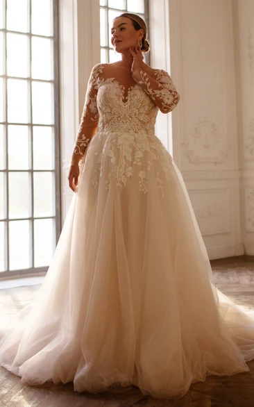 Elegant Lace Bateau Sweep Train Wedding Dress with Appliques Modern Wedding Dress 2024 Women's Elegant Beach