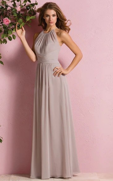 Long Pleated Bridesmaid Dress with High-Neck and Keyhole Back