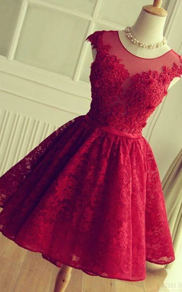 Elegant Knee Length A-Line Jewel Cap Sleeve Lace Applique Dress